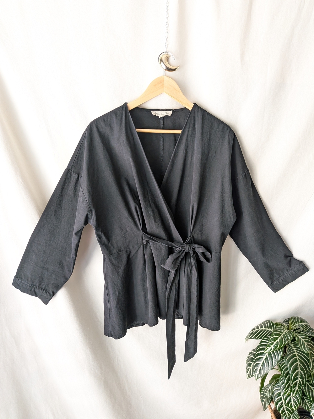 Black Wrap Tie Front Linen Blend Top
